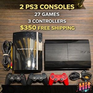 PS3 Super Slim + Fat Console Bundle TESTED 27 Games 3 Controllers Huge Lot